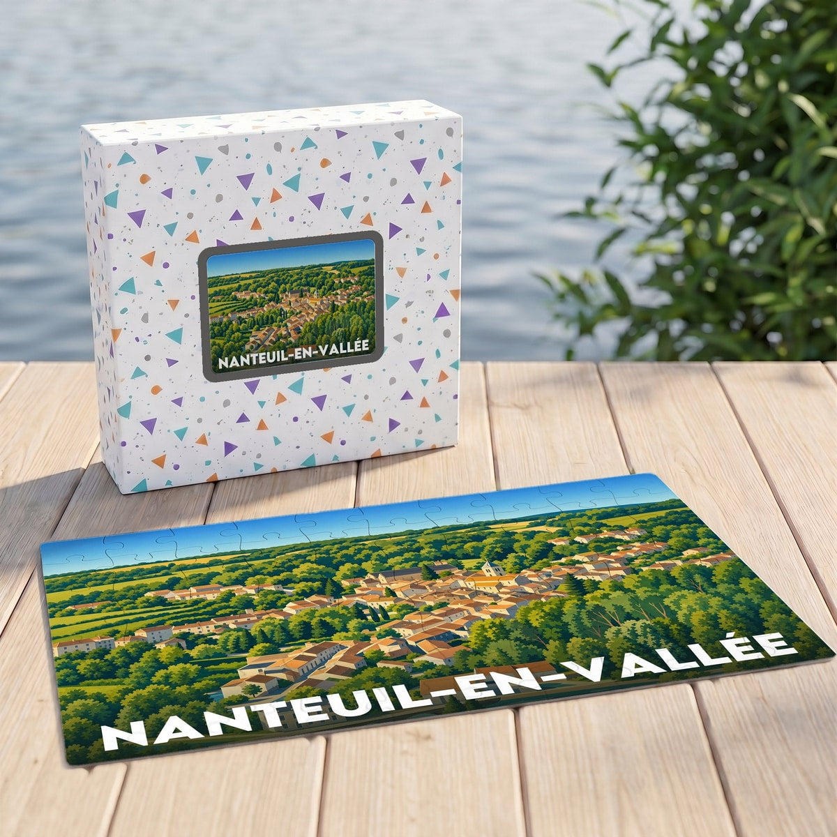 Puzzle souvenir de la ville de Nanteuil-en-Vallée avec une illustration panoramique stylisée.