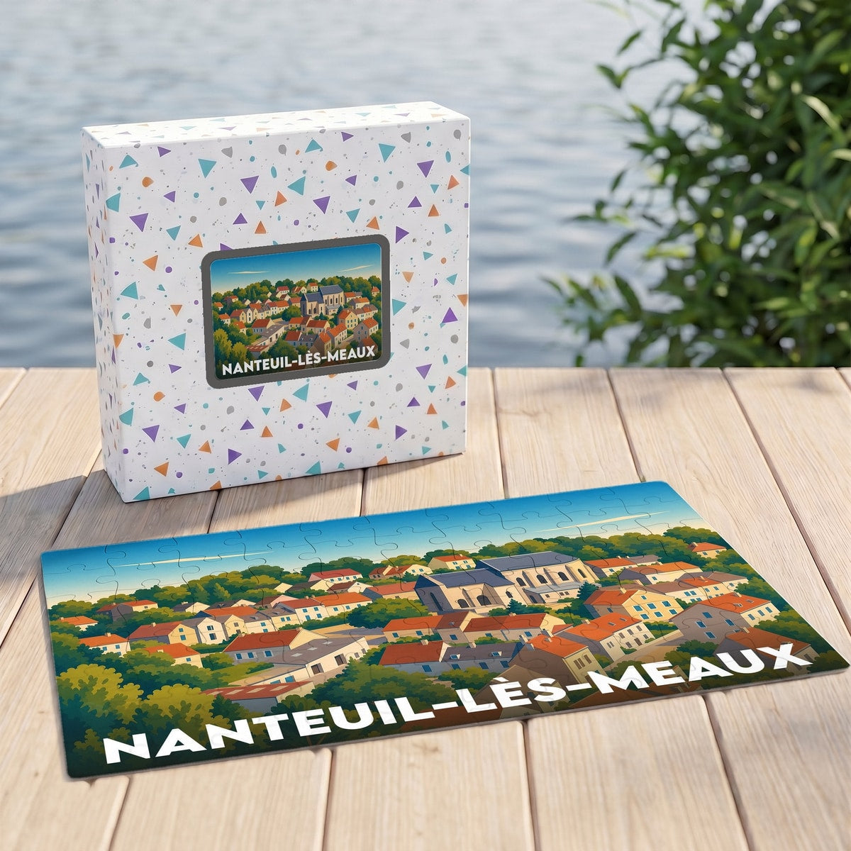 Puzzle souvenir de la ville de Nanteuil-lès-Meaux avec son coffret illustré assorti.