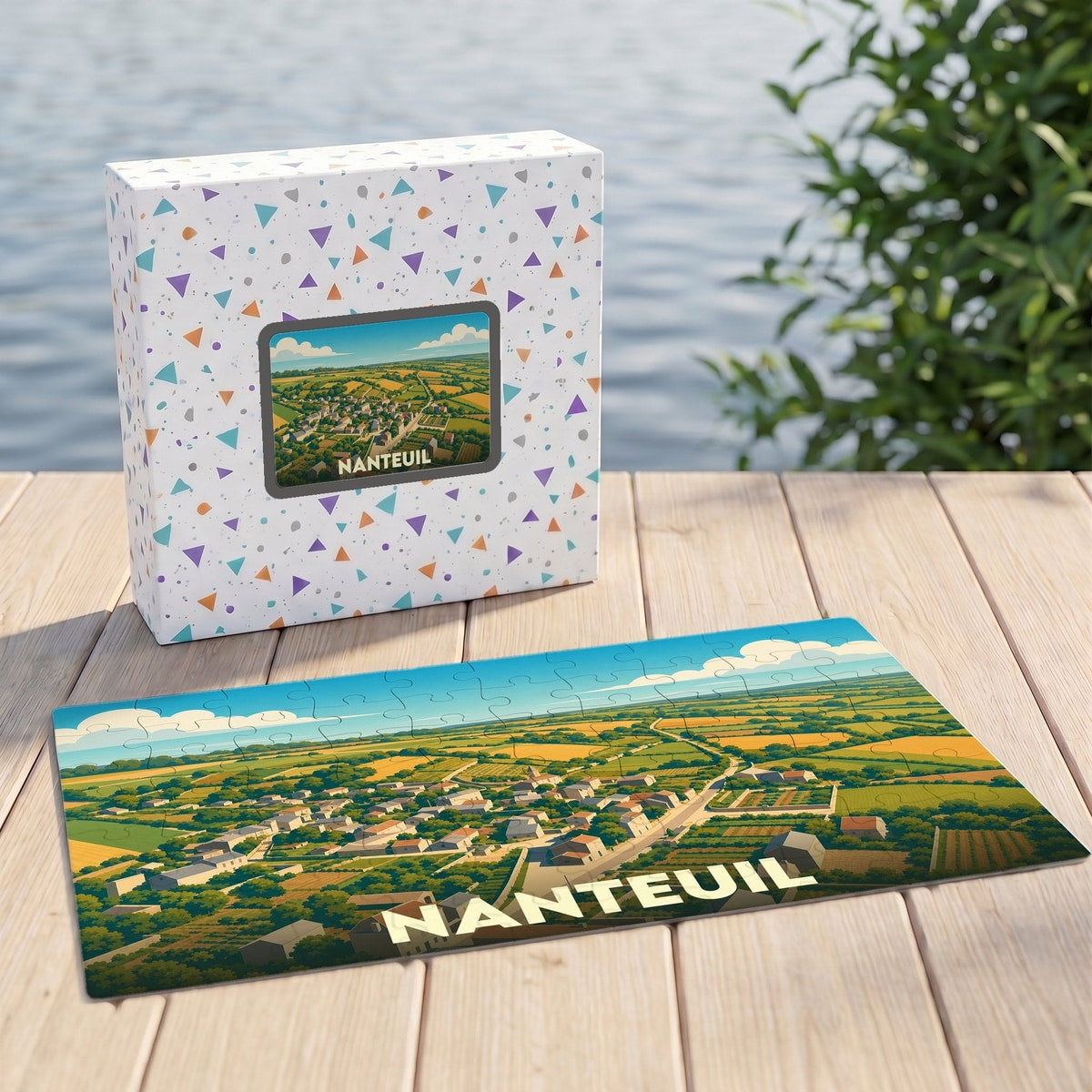 Puzzle souvenir de la ville de Nanteuil représentant une vue aérienne illustrée.