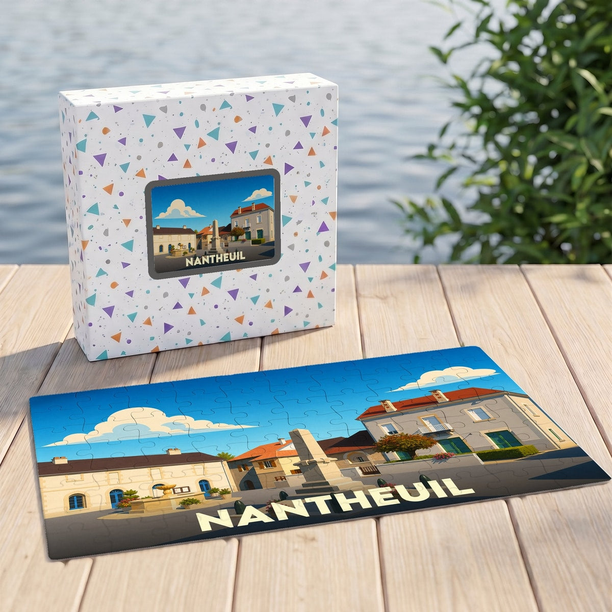 Puzzle souvenir de la ville de Nantheuil avec une illustration stylisée et sa boîte assortie.