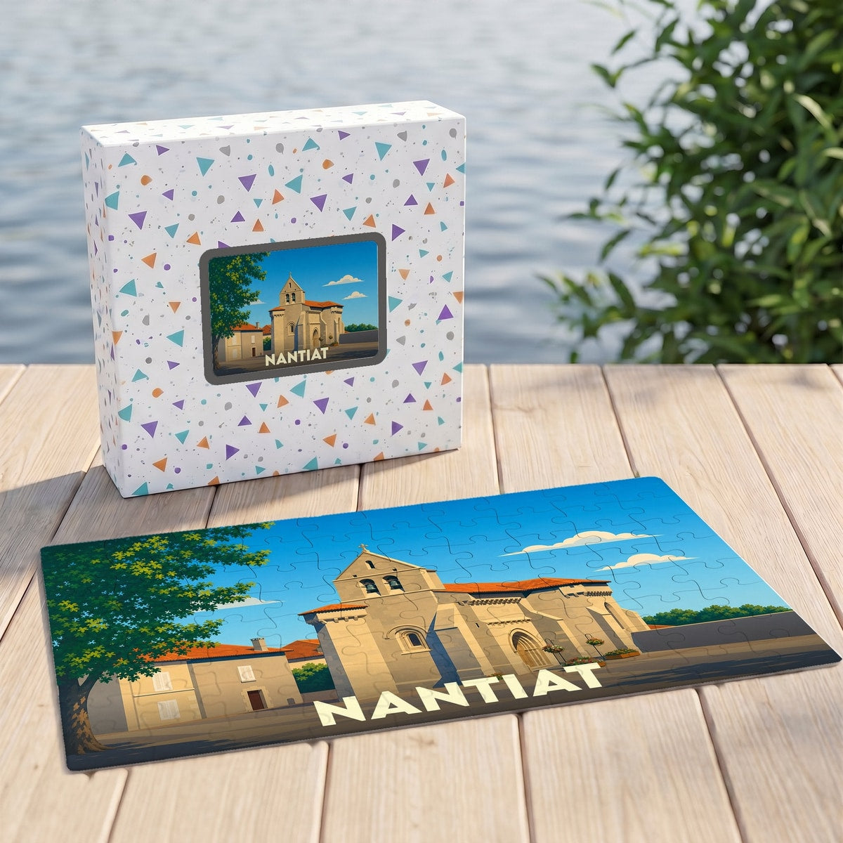 Puzzle souvenir de la ville de Nantiat avec une illustration stylisée de son église et de son centre-ville.