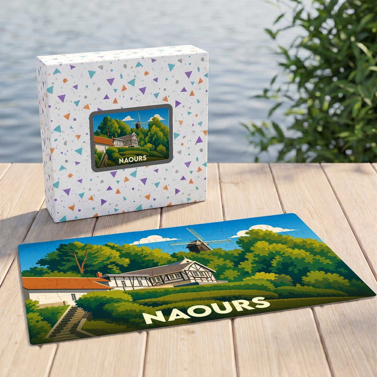 Puzzle souvenir de la ville de Naours avec une illustration stylisée et colorée.