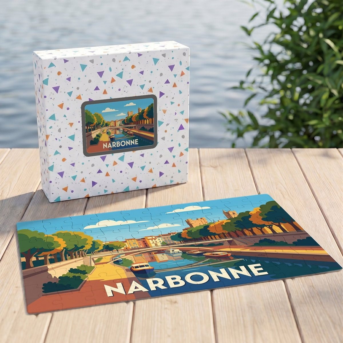 Puzzle souvenir de la ville de Narbonne illustrant le canal de la Robine dans un style vintage.