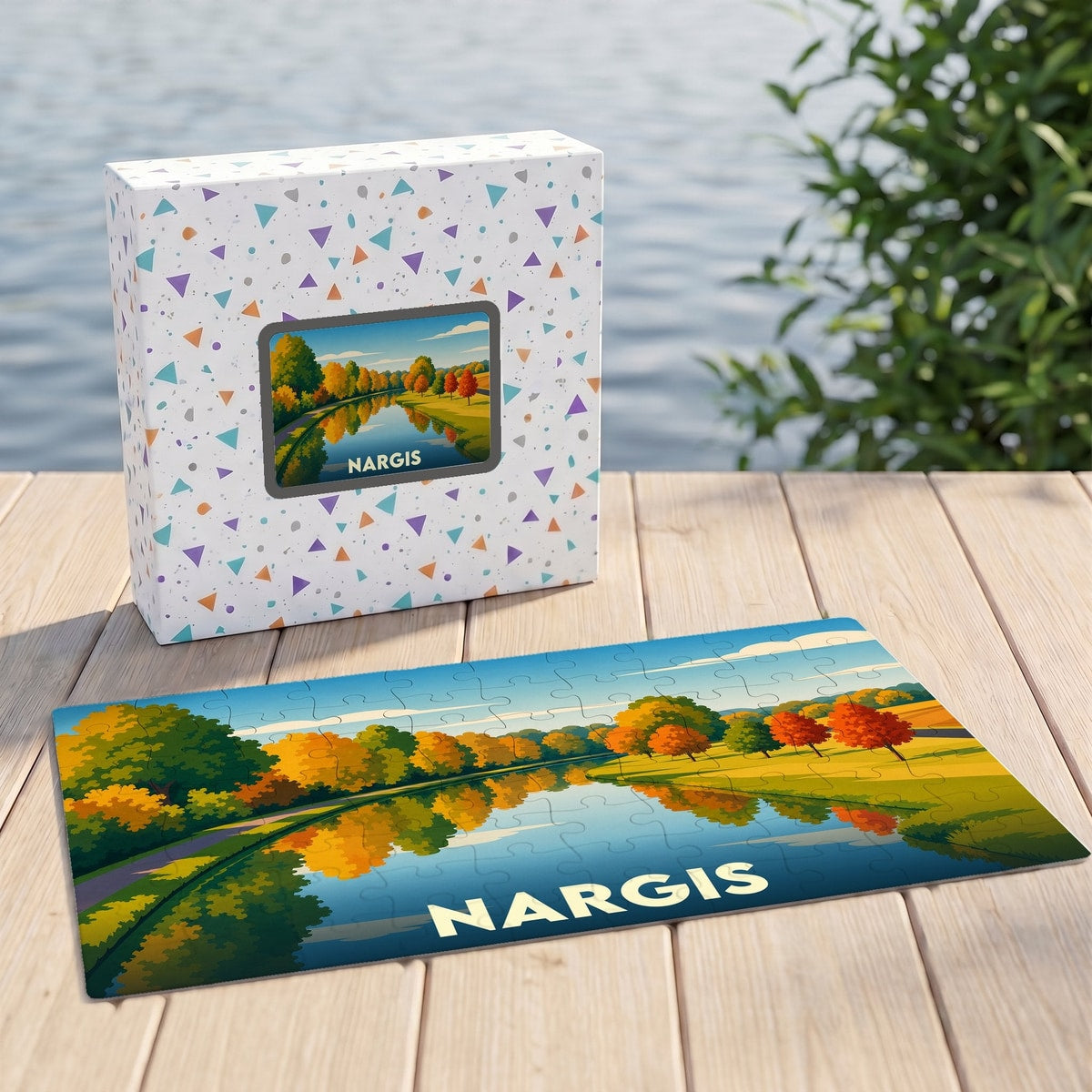 Puzzle souvenir de la ville de Nargis avec une illustration stylisée d'un paysage automnal au bord de l'eau.