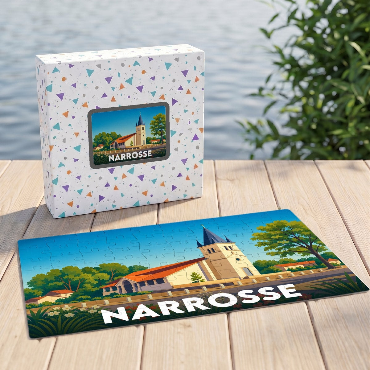 Puzzle souvenir de la ville de Narrosse avec une illustration stylisée de son église.