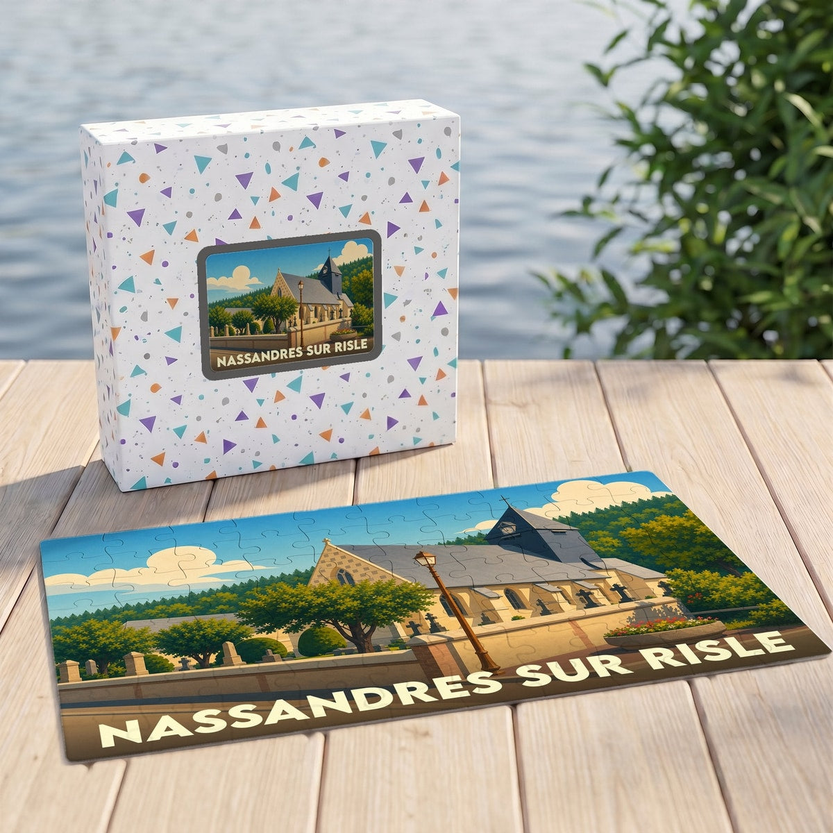 Puzzle souvenir de la ville de Nassandres sur Risle avec une illustration stylisée de son église.