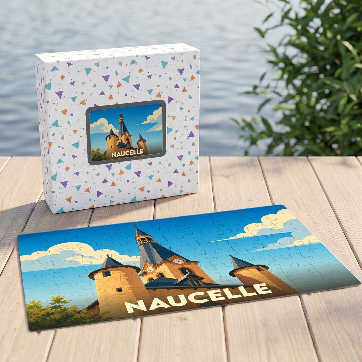 Puzzle souvenir de la ville de Naucelle avec une illustration stylisée de son église à clocher-mur.