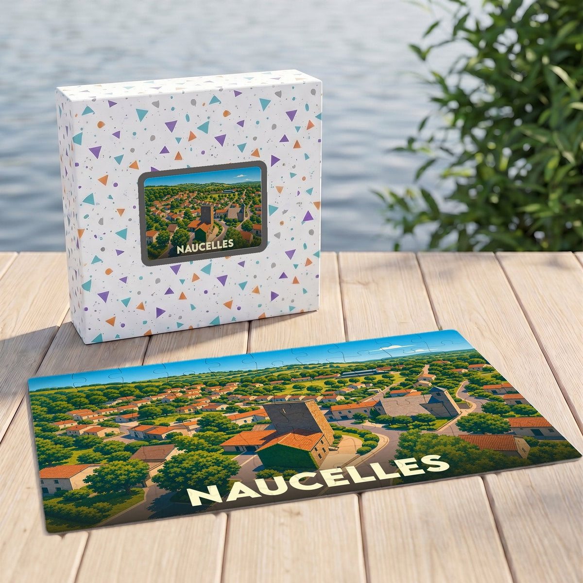 Puzzle souvenir de la ville de Naucelles avec une illustration panoramique stylisée.