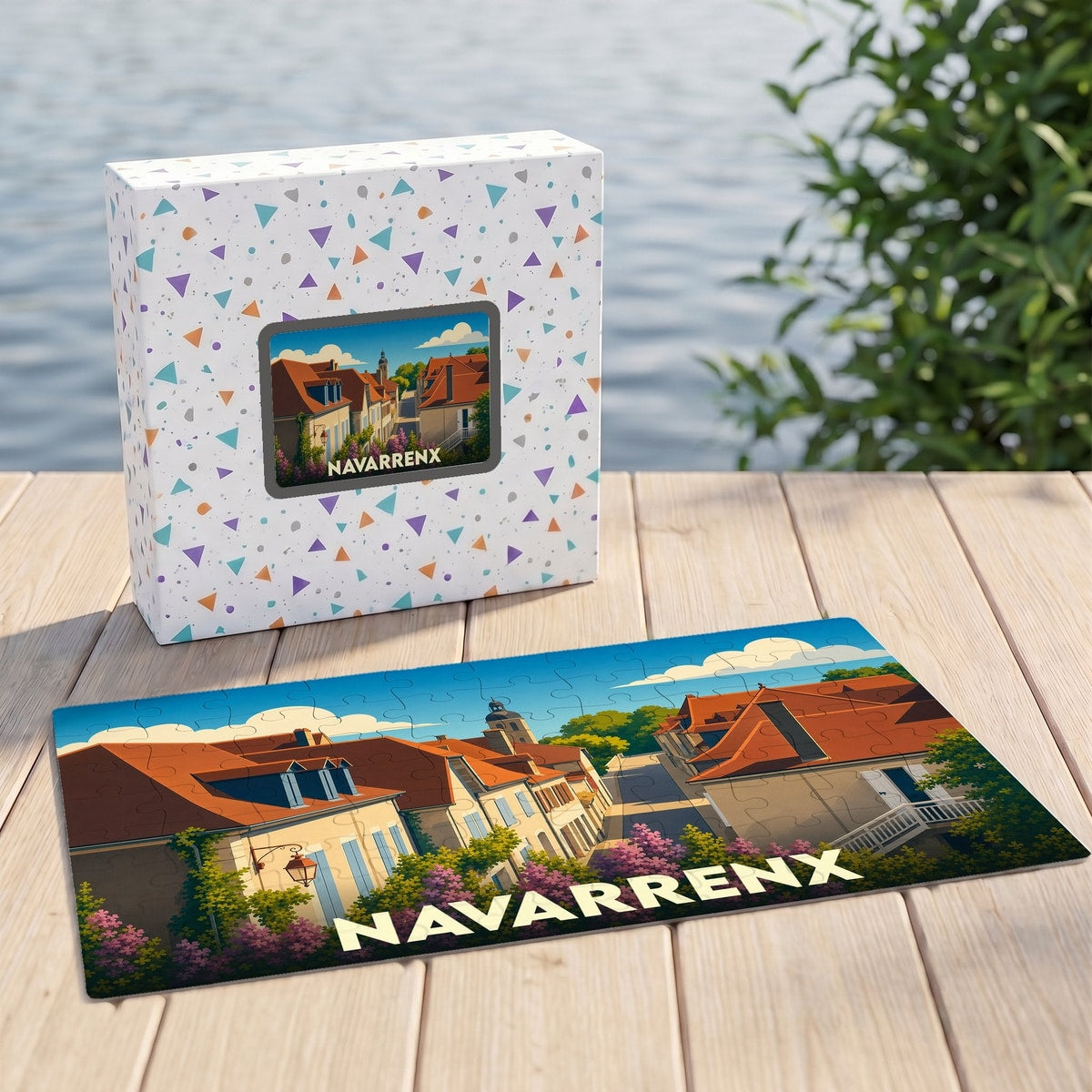 Puzzle souvenir de la ville de Navarrenx avec une illustration colorée et stylisée de ses rues.