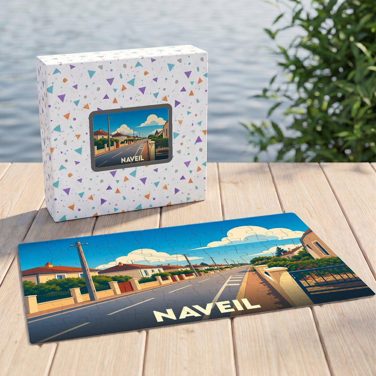 Puzzle souvenir de la ville de Naveil avec une illustration stylisée d'une rue ensoleillée.