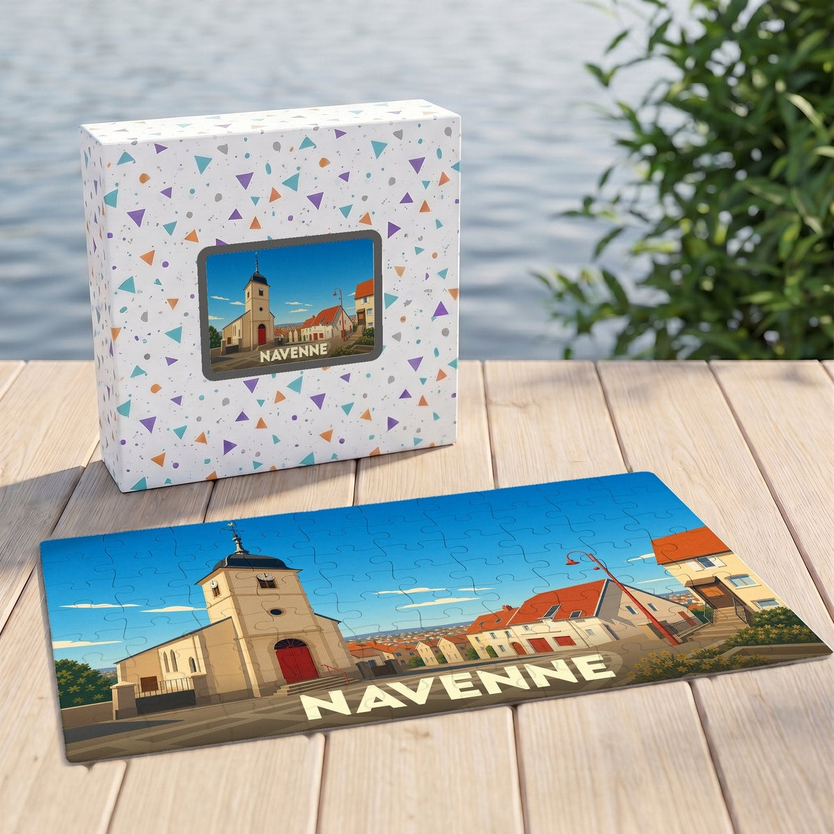 Puzzle souvenir de la ville de Navenne avec une illustration stylisée d'un paysage urbain.