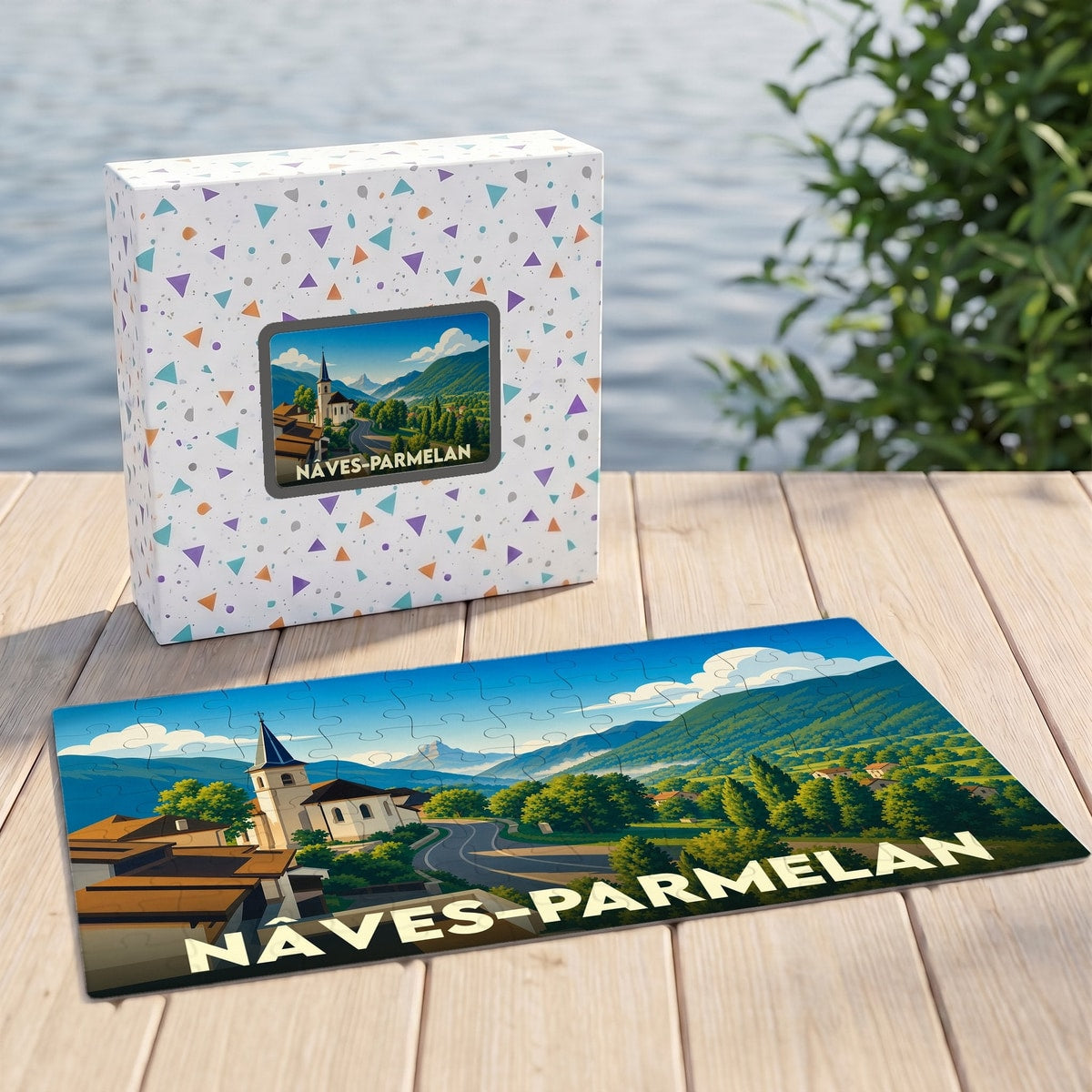 Puzzle souvenir de la ville de Nâves-Parmelan avec une illustration stylisée de son église et de ses montagnes.