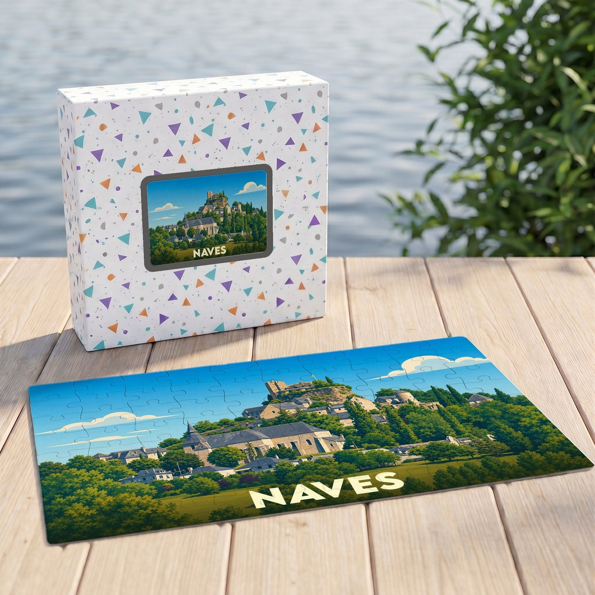 Puzzle souvenir de la ville de Naves avec une illustration de son château perché.