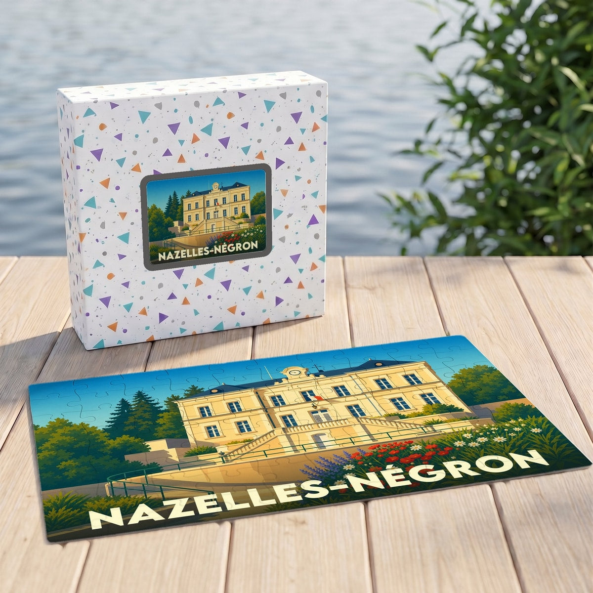 Puzzle souvenir de la ville de Nazelles-Négron avec une illustration stylisée de sa mairie.