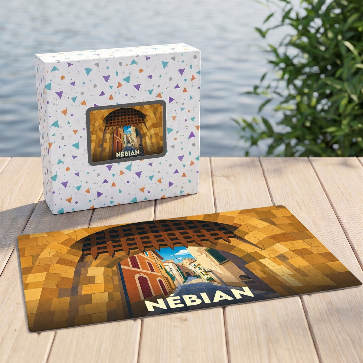 Puzzle souvenir de la ville de Nébian avec une illustration stylisée d'une porte fortifiée.
