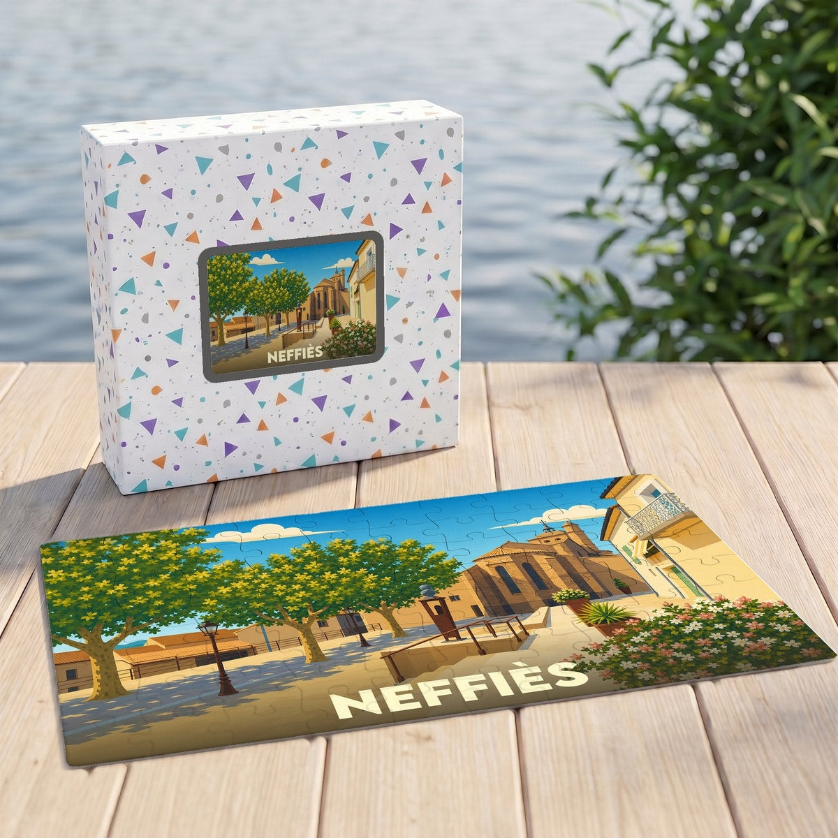 Puzzle souvenir de la ville de Neffiès avec une illustration stylisée d'une place ensoleillée.