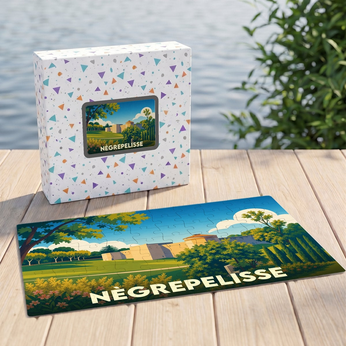 Puzzle souvenir de la ville de Nègrepelisse illustrant son château et ses paysages dans un style graphique épuré.