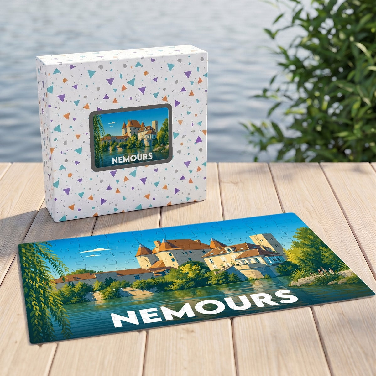 Puzzle souvenir de la ville de Nemours avec une illustration stylisée de son château au bord de l'eau.