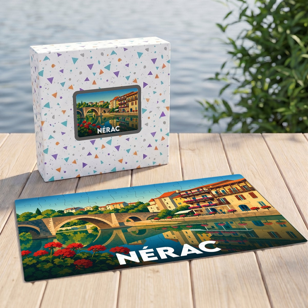 Puzzle souvenir de la ville de Nérac représentant son pont historique et ses quais avec une illustration colorée.