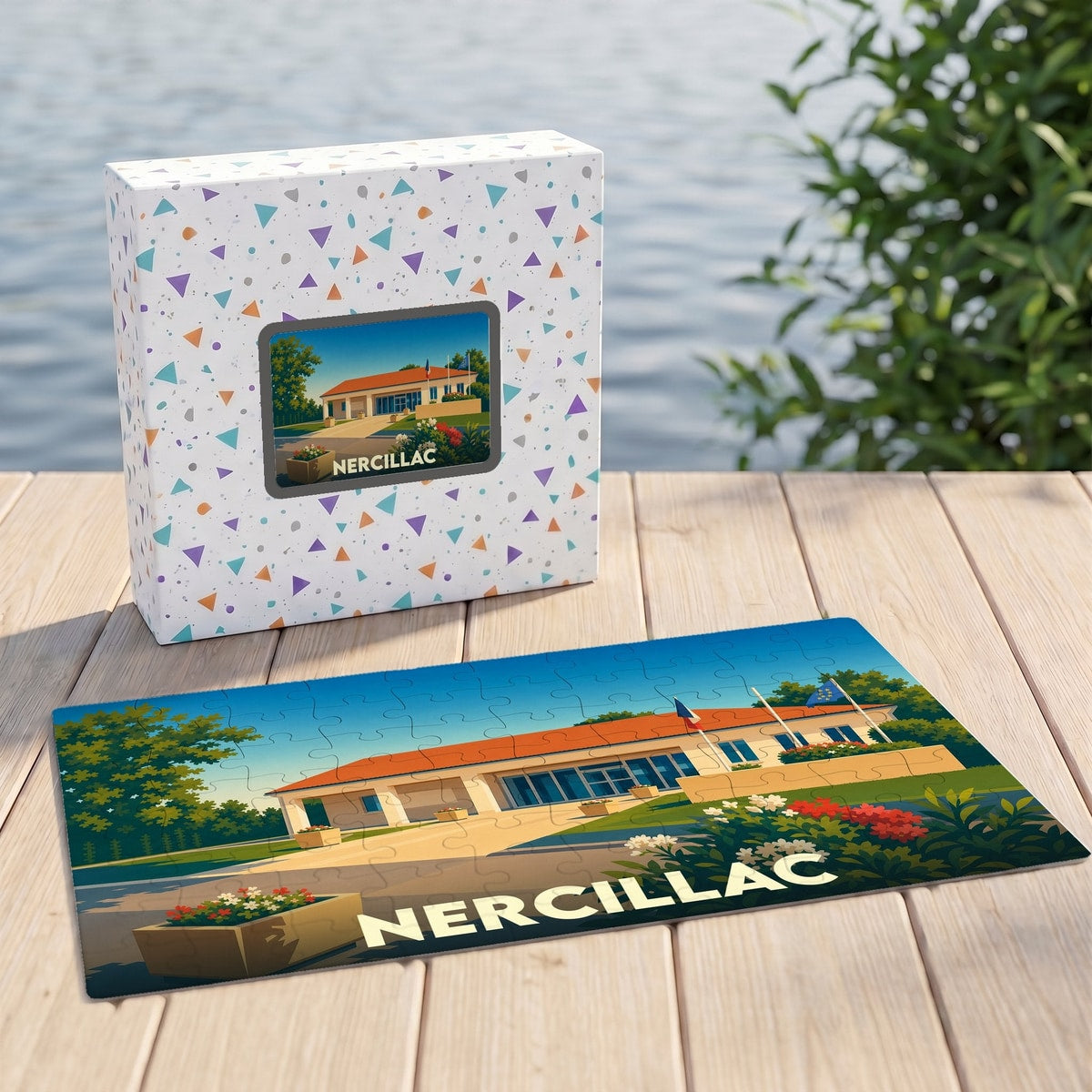 Puzzle souvenir de la ville de Nercillac avec une illustration colorée et stylisée.