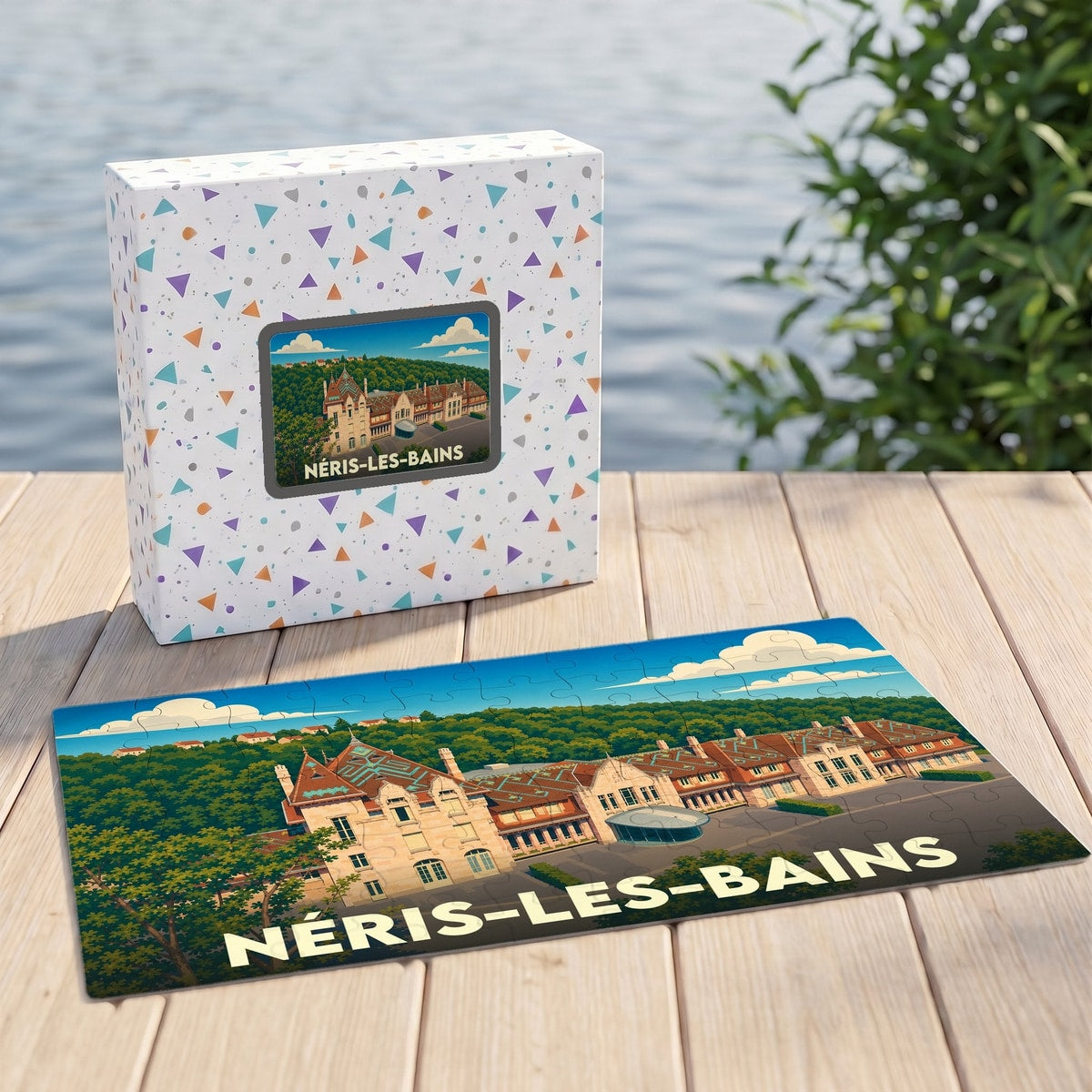 Puzzle souvenir de la ville de Néris-les-Bains avec une illustration stylisée de ses thermes.