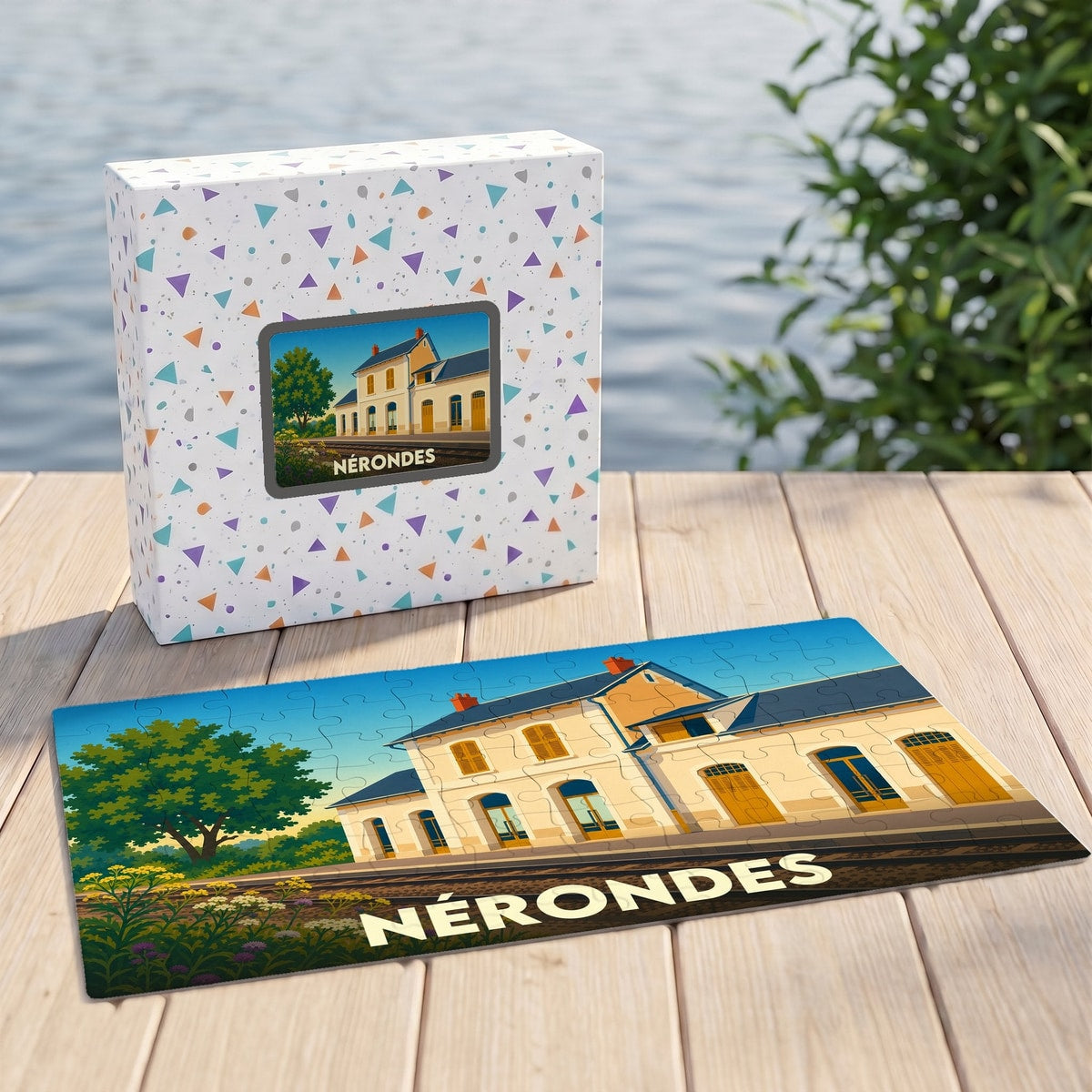 Puzzle souvenir de la ville de Nérondes illustrant sa gare ferroviaire dans un style graphique épuré.