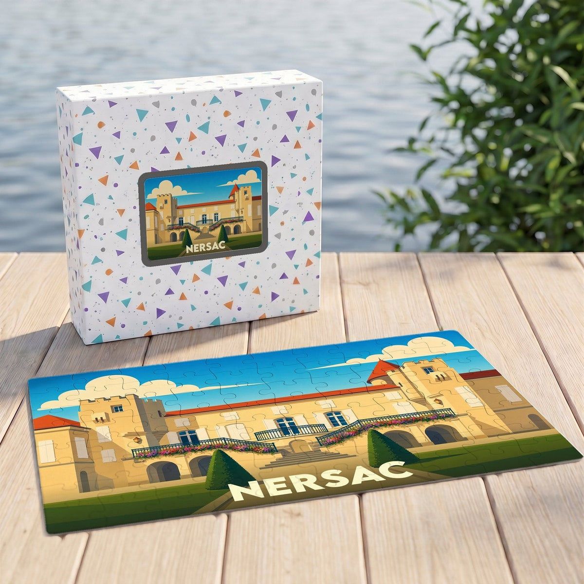 Puzzle souvenir de la ville de Nersac avec une illustration stylisée d'un château.