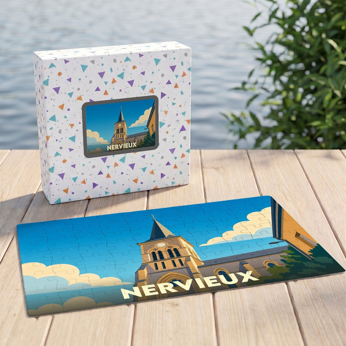 Puzzle souvenir de la ville de Nervieux avec une illustration stylisée de son église.