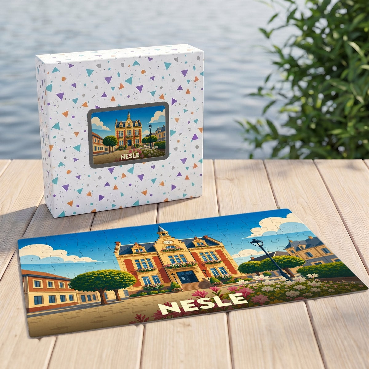 Puzzle souvenir de la ville de Nesle avec une illustration colorée de son hôtel de ville.