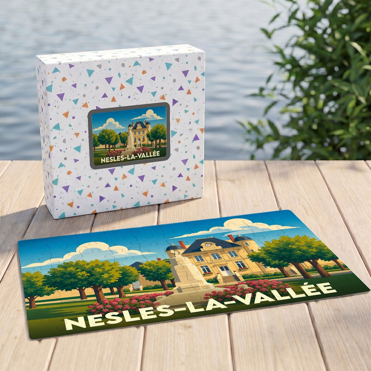 Puzzle souvenir de la ville de Nesles-la-Vallée avec une illustration stylisée de son patrimoine.