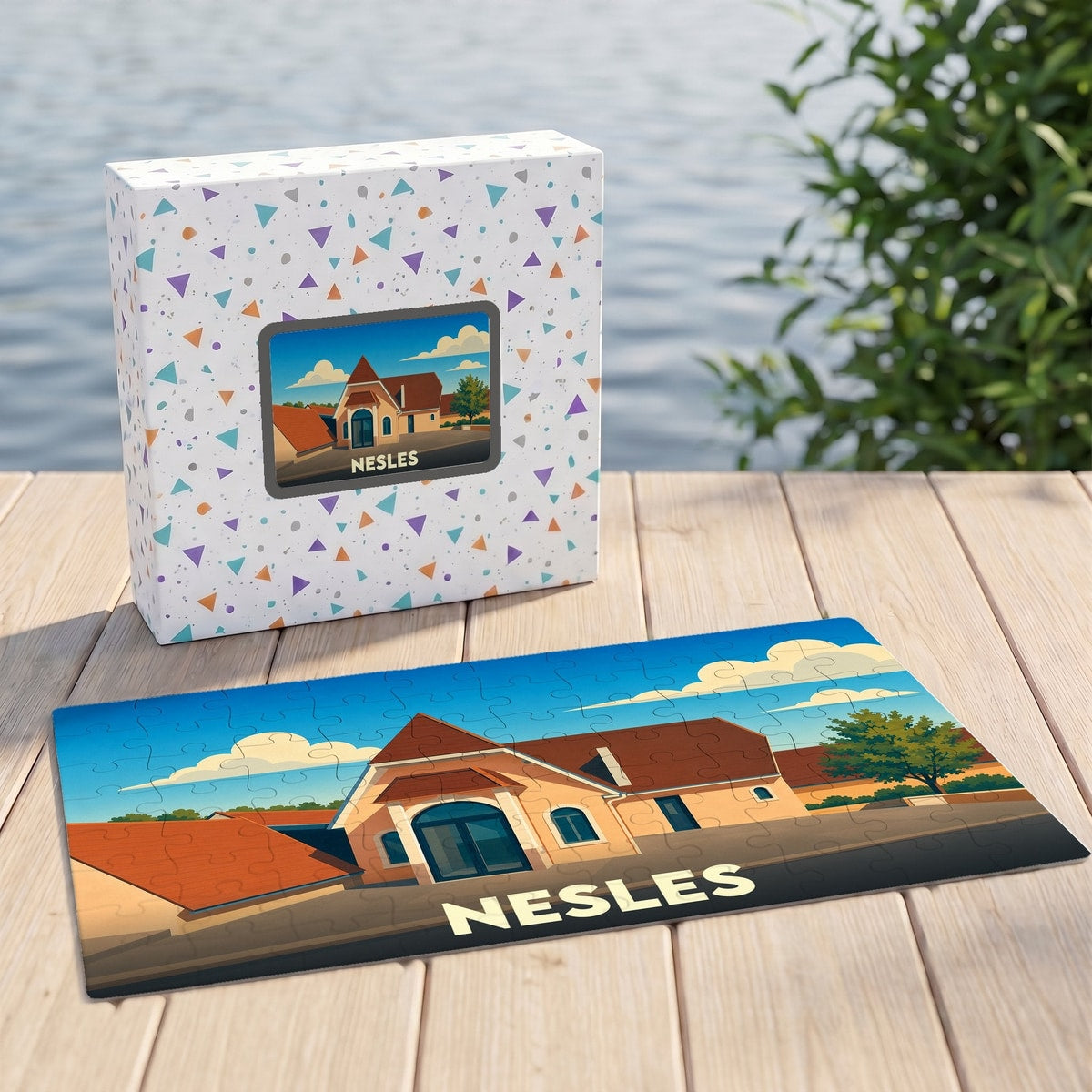 Puzzle souvenir de la ville de Nesles avec une illustration stylisée d'un bâtiment local.