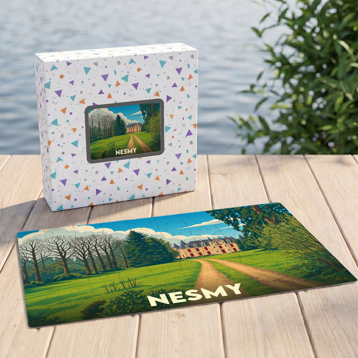 Puzzle souvenir de la ville de Nesmy représentant une illustration stylisée d'un château et de son parc.