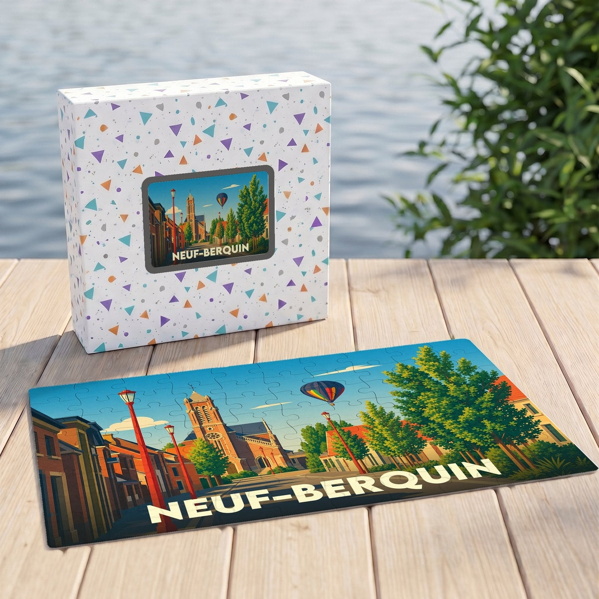 Puzzle souvenir de la ville de Neuf-Berquin avec une illustration stylisée d'une rue typique sous un ciel bleu.
