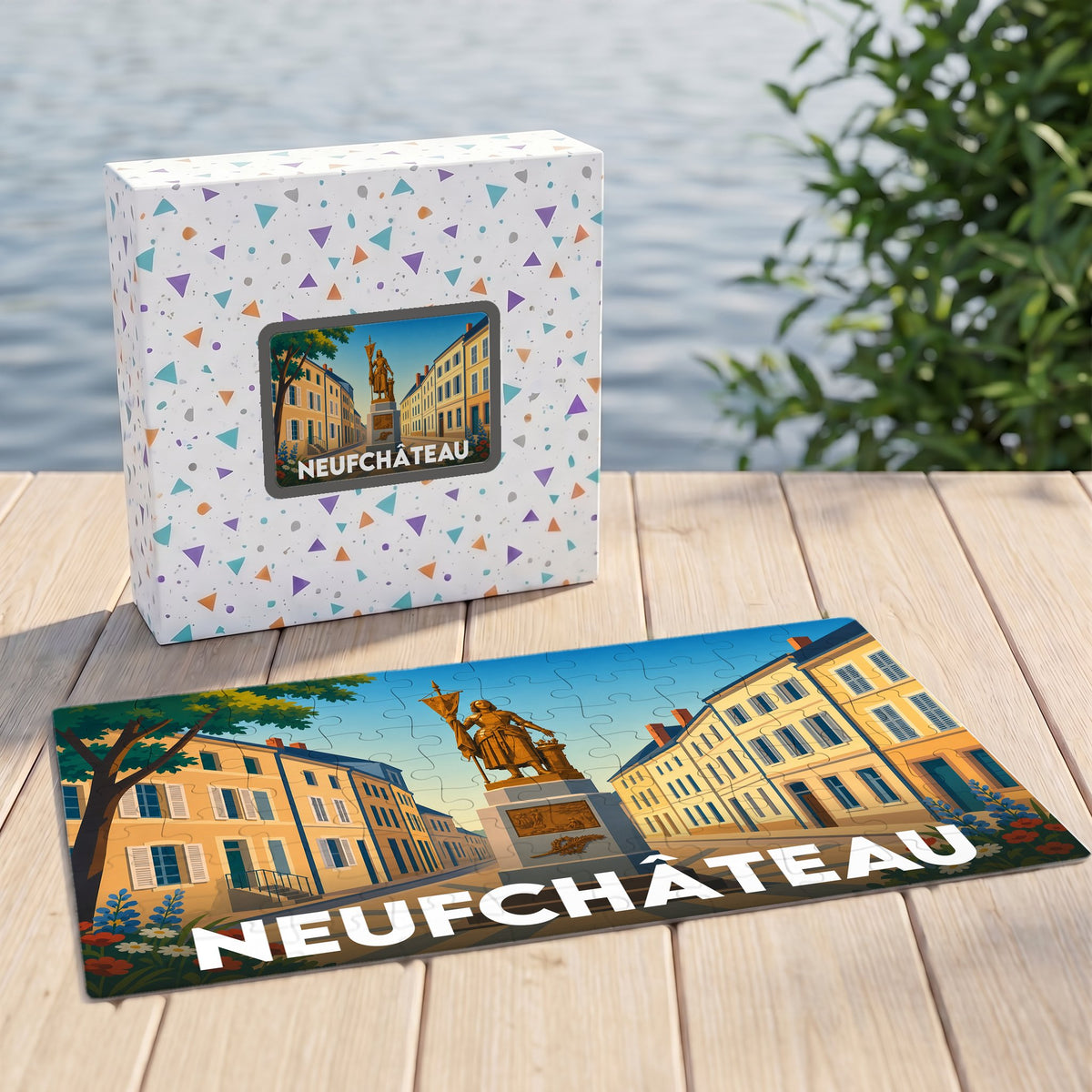 Puzzle souvenir de la ville de Neufchâteau avec une illustration stylisée et colorée de son centre historique.