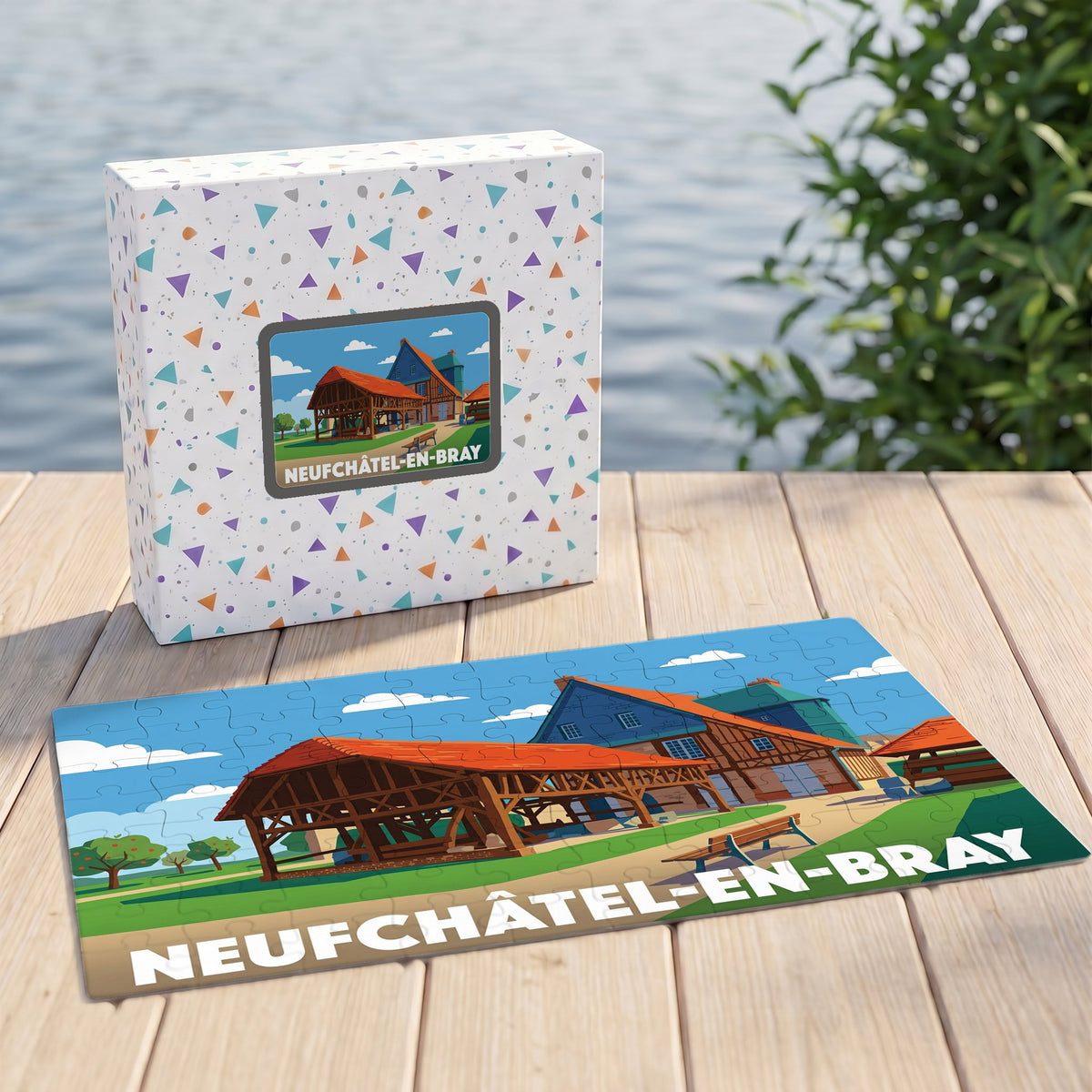 Puzzle souvenir de la ville de Neufchâtel-en-Bray avec une illustration stylisée de bâtiments traditionnels.