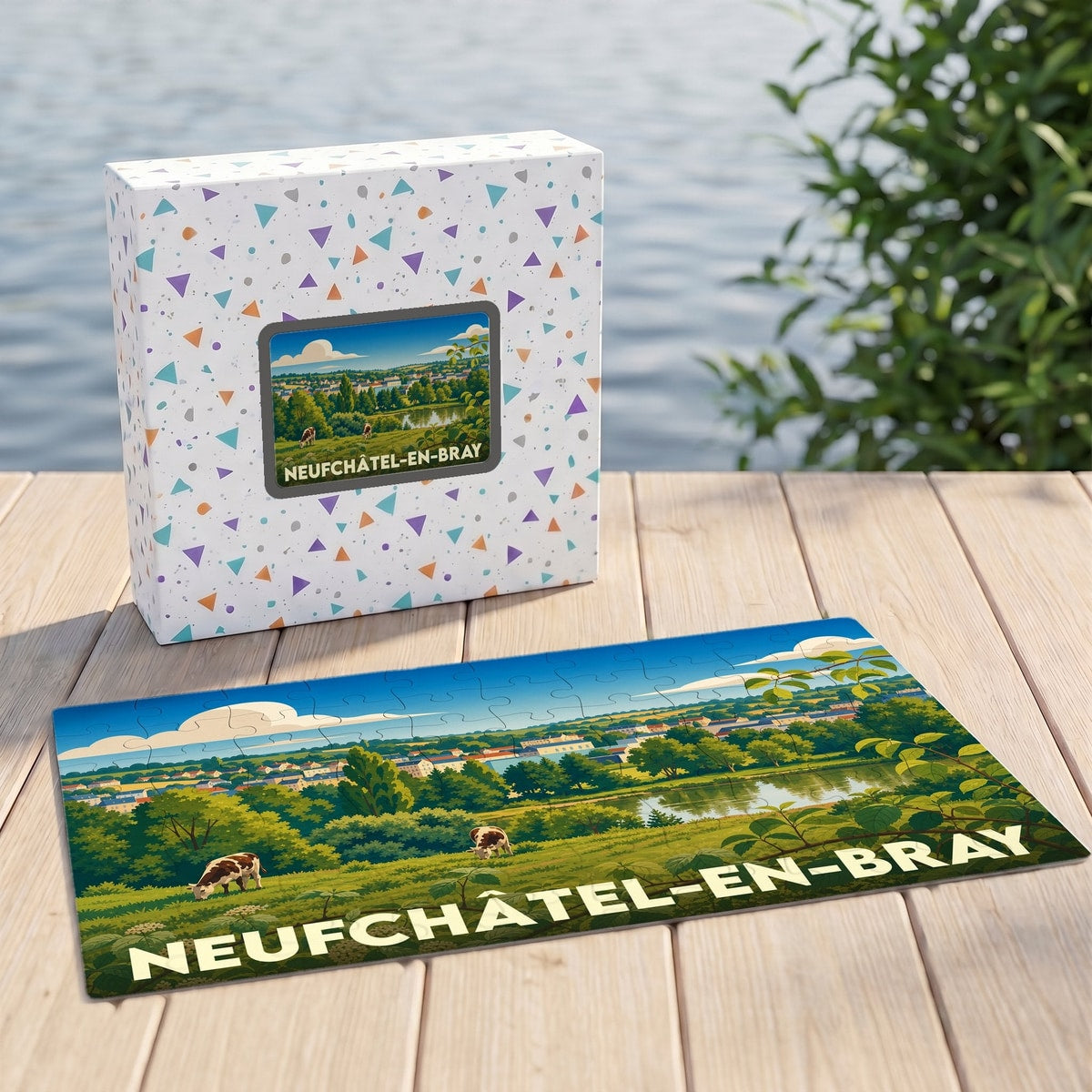 Puzzle souvenir de la ville de Neufchâtel-en-Bray avec une illustration paysagère stylisée.