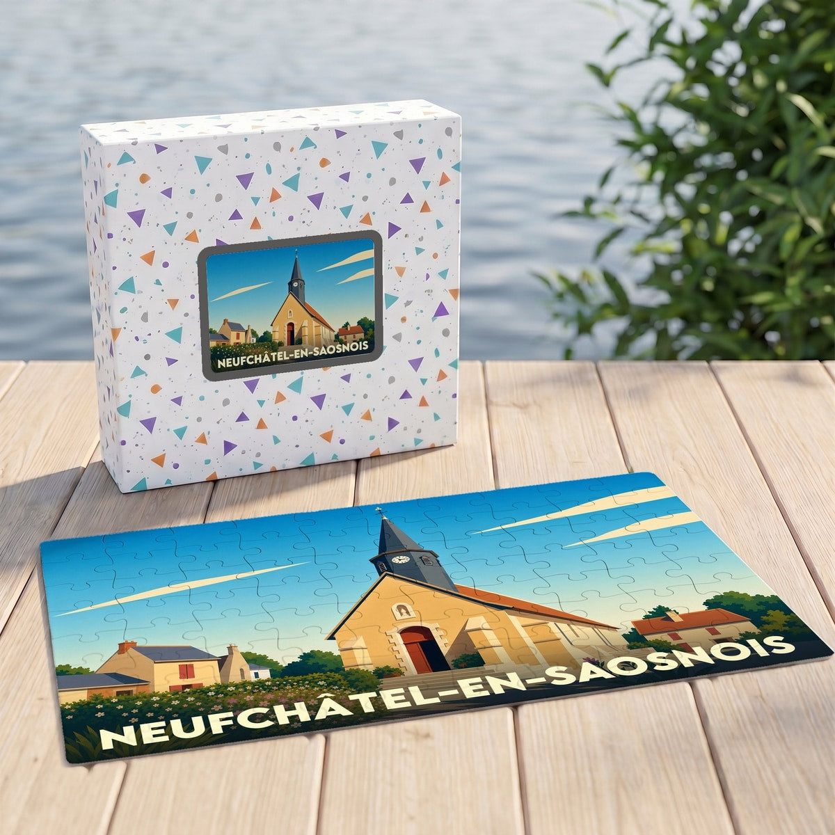 Puzzle souvenir de la ville de Neufchâtel-en-Saosnois avec une illustration stylisée de son église.