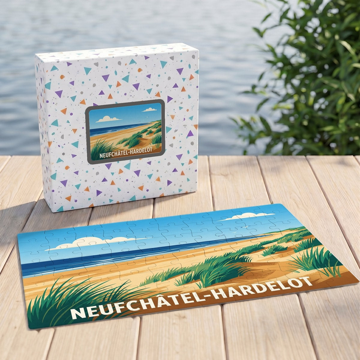 Puzzle souvenir de la ville de Neufchâtel-Hardelot avec une illustration de plage et de dunes.
