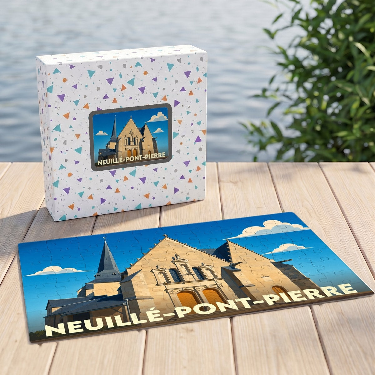 Puzzle souvenir de la ville de Neuillé-Pont-Pierre avec une illustration stylisée d'une église sur sa boîte assortie.
