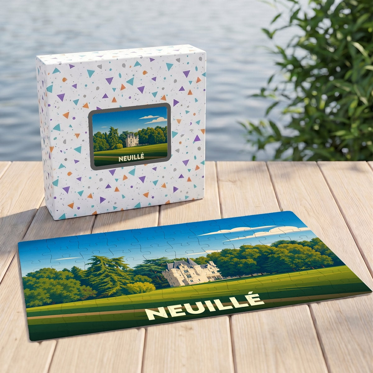 Puzzle souvenir de la ville de Neuillé avec une illustration stylisée d'un château.