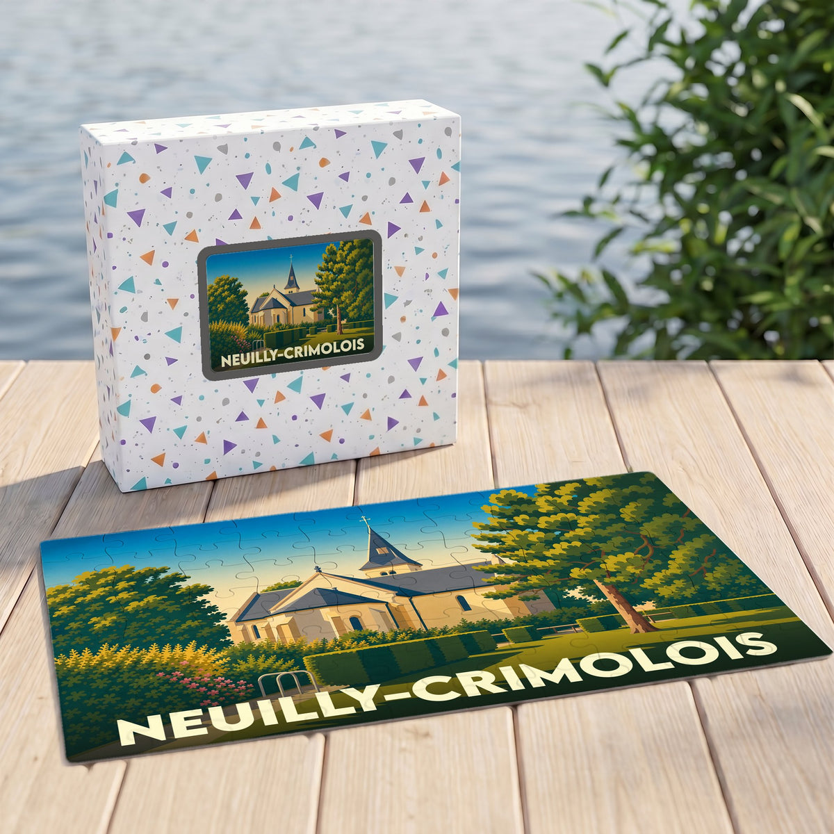 Puzzle souvenir de la ville de Neuilly-Crimolois avec une illustration stylisée de son église.