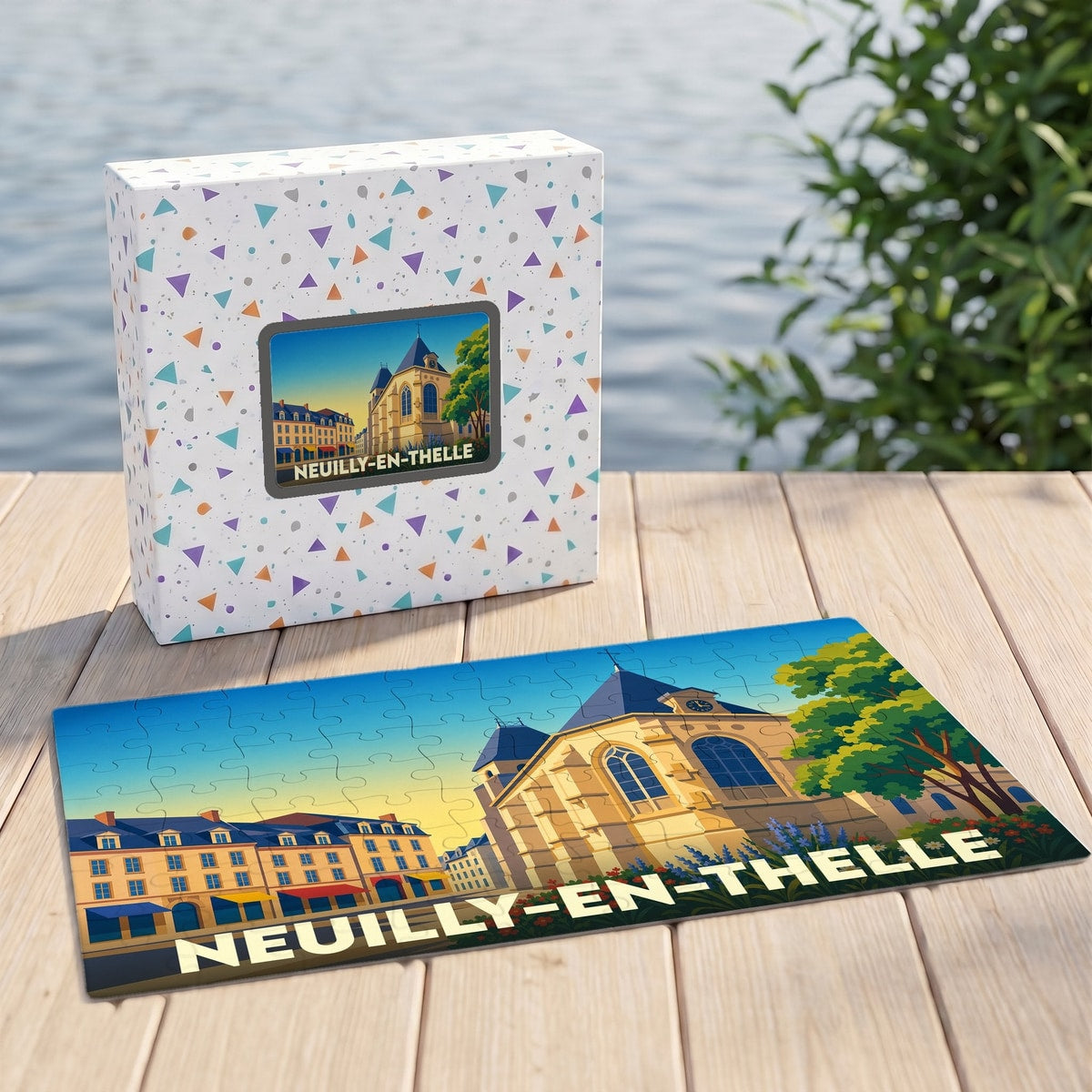 Puzzle souvenir de la ville de Neuilly-en-Thelle avec une illustration stylisée et sa boîte assortie.