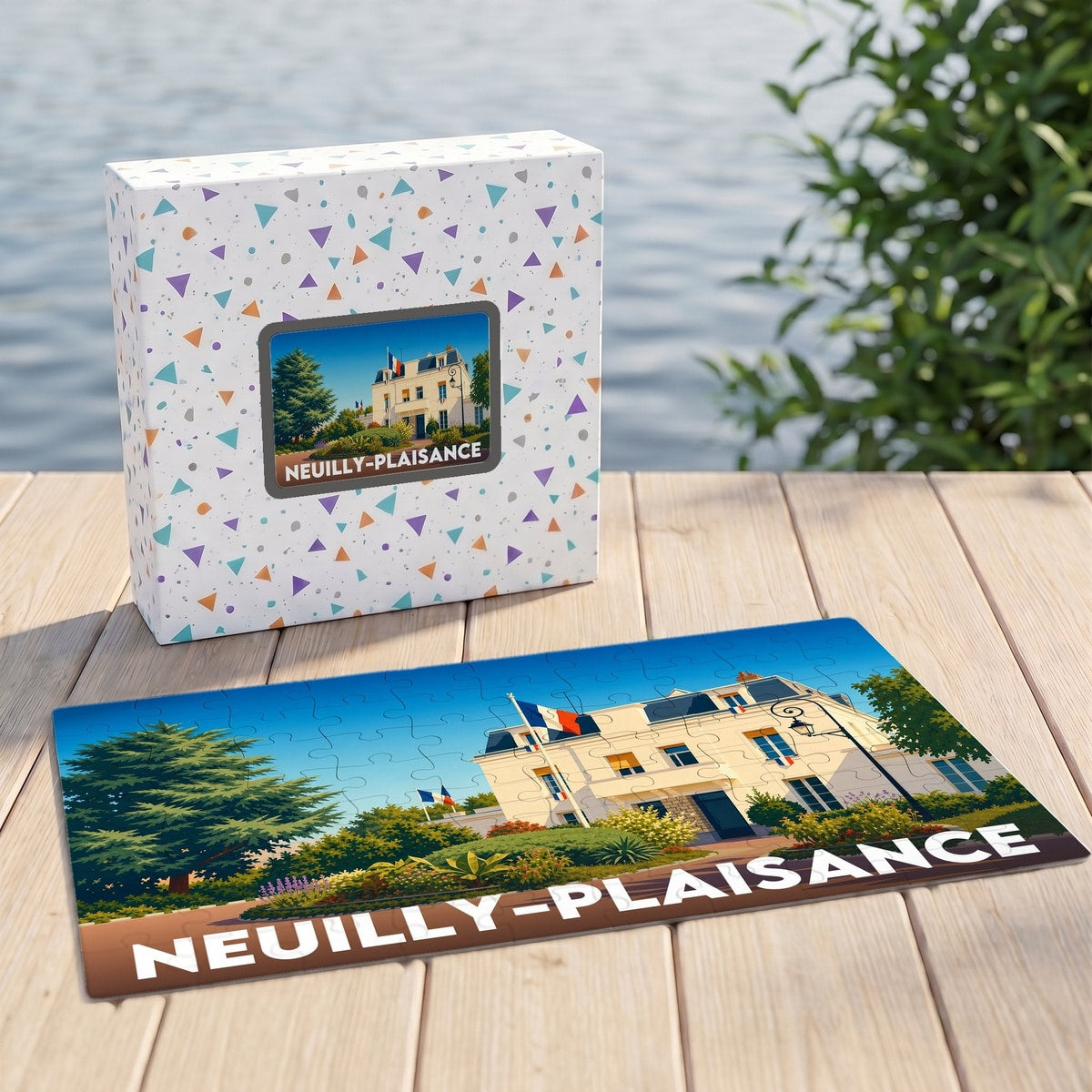 Puzzle souvenir de la ville de Neuilly-Plaisance avec une illustration colorée de l'hôtel de ville.