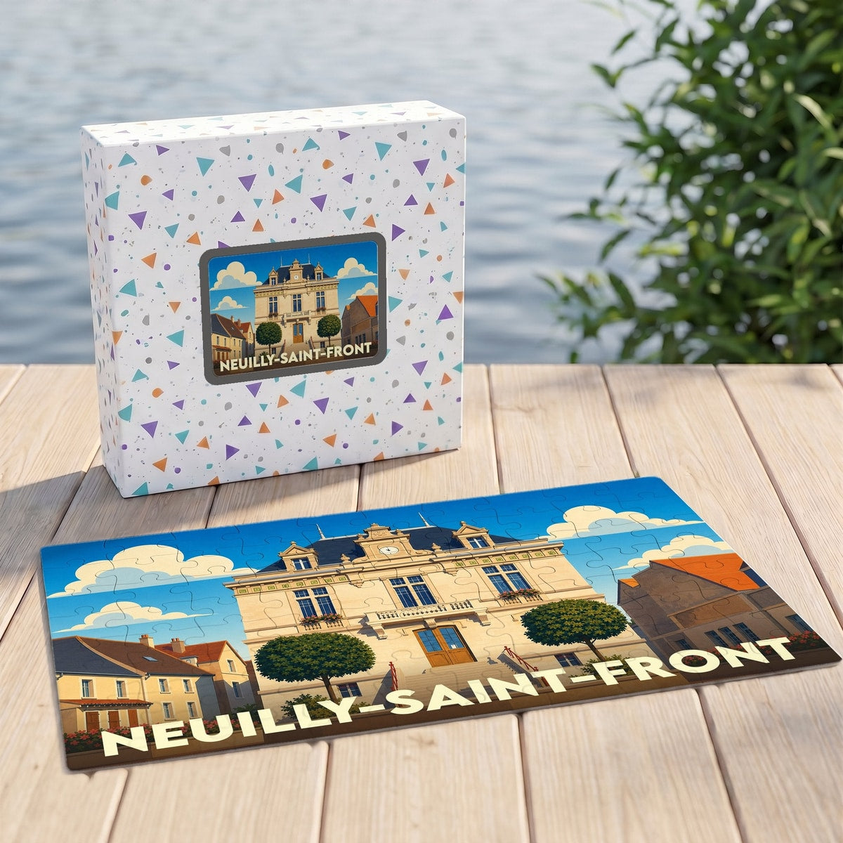 Puzzle souvenir de la ville de Neuilly-Saint-Front présentant une illustration stylisée de l'hôtel de ville.