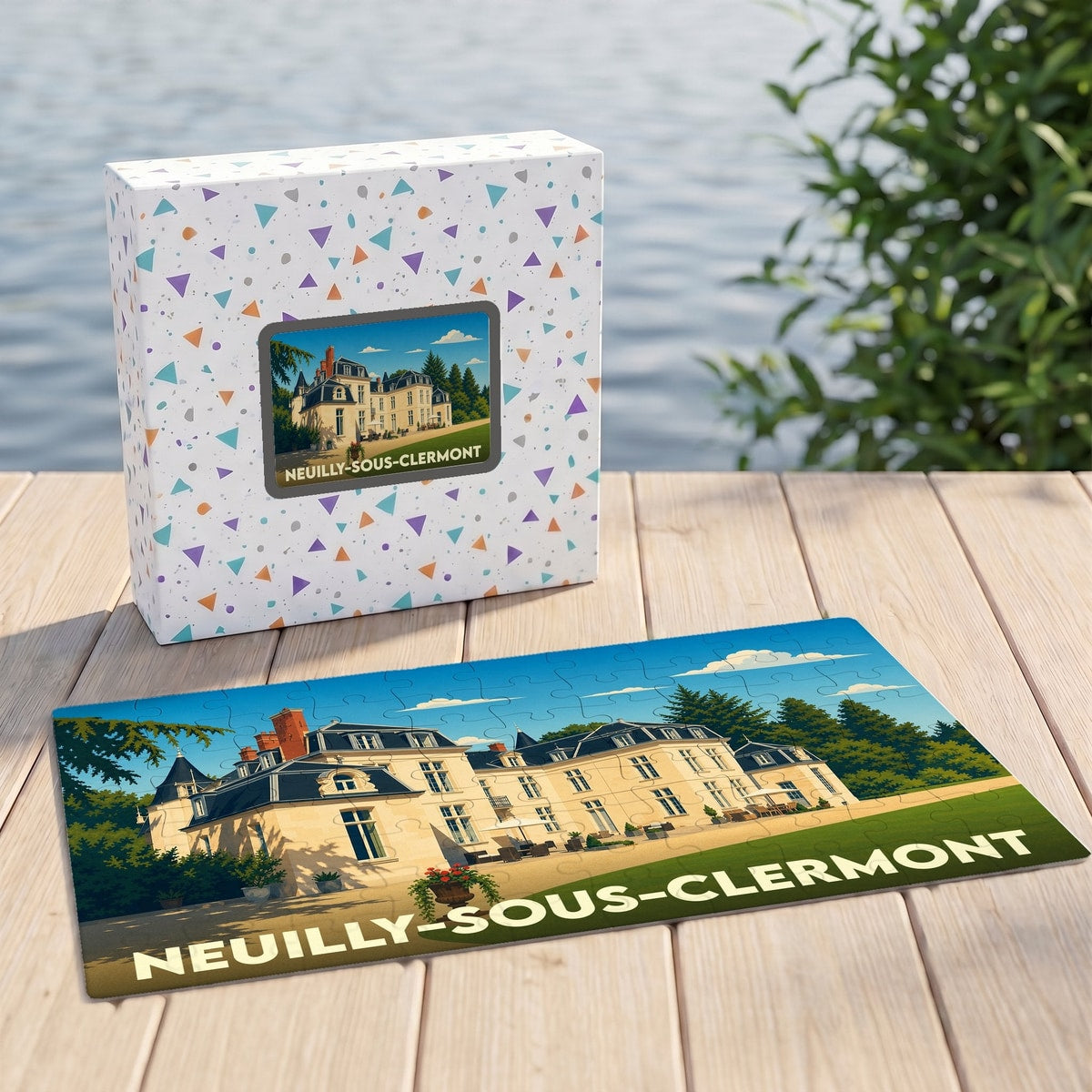 Puzzle souvenir de la ville de Neuilly-sous-Clermont avec une illustration stylisée.