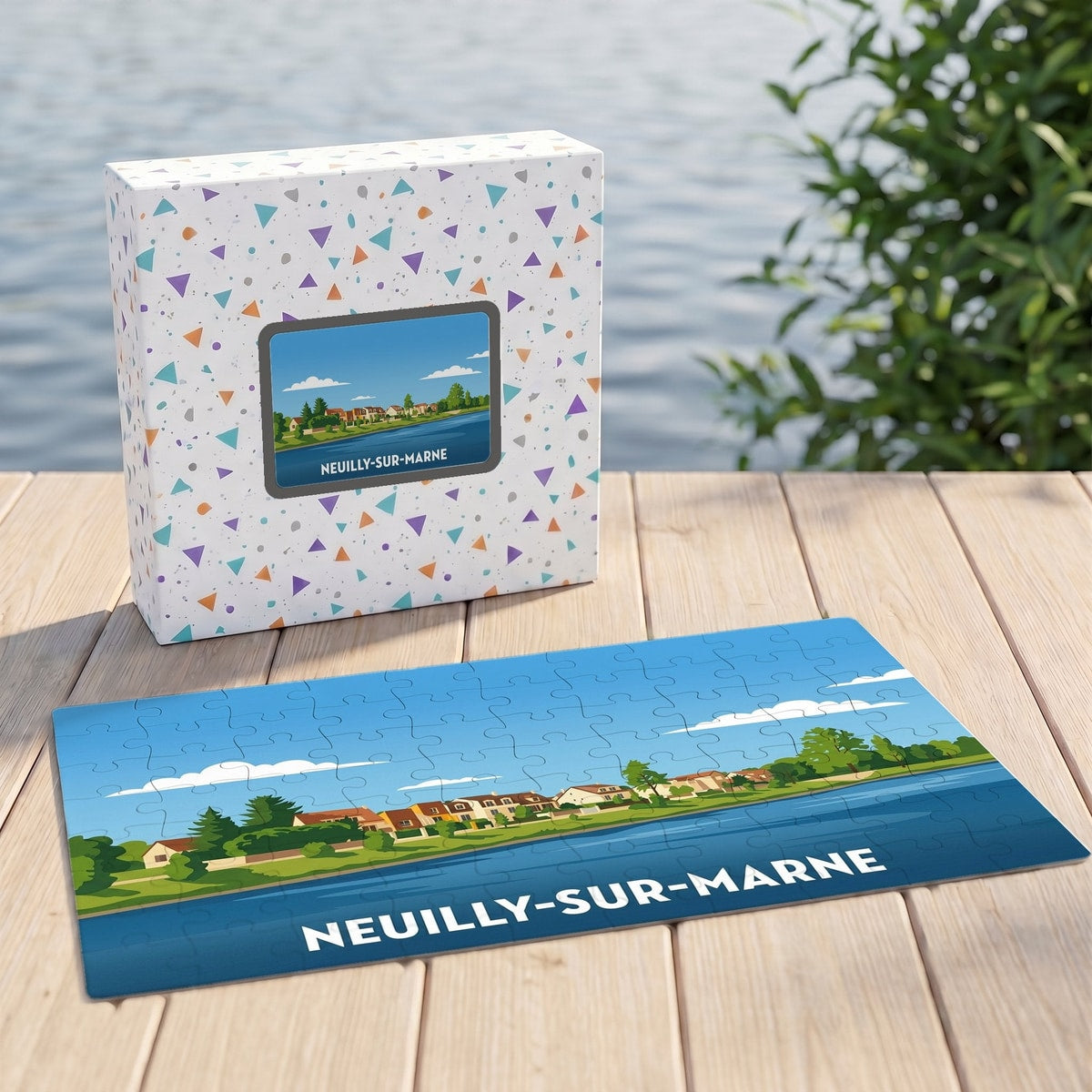 Puzzle souvenir de la ville de Neuilly-sur-Marne avec une illustration stylisée des bords de Marne.