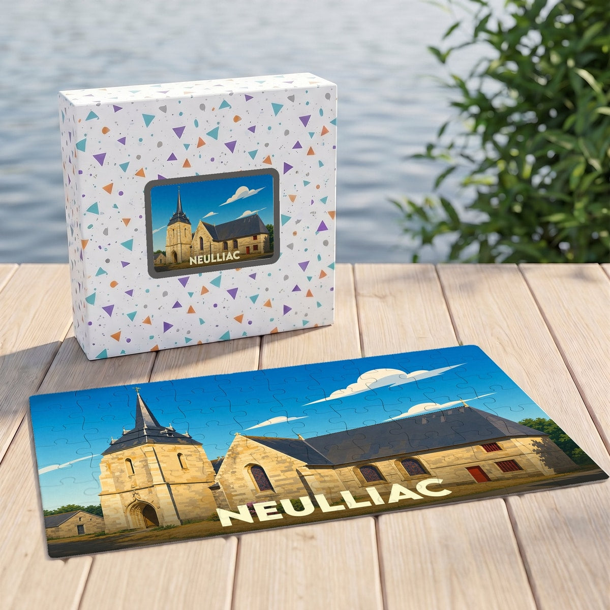 Puzzle souvenir de la ville de Neulliac avec une illustration stylisée de son église.