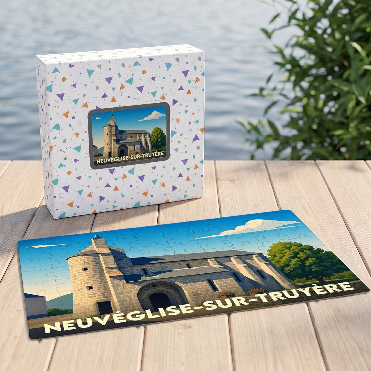 Puzzle souvenir de la ville de Neuvéglise-sur-Truyère avec une illustration stylisée de son église.