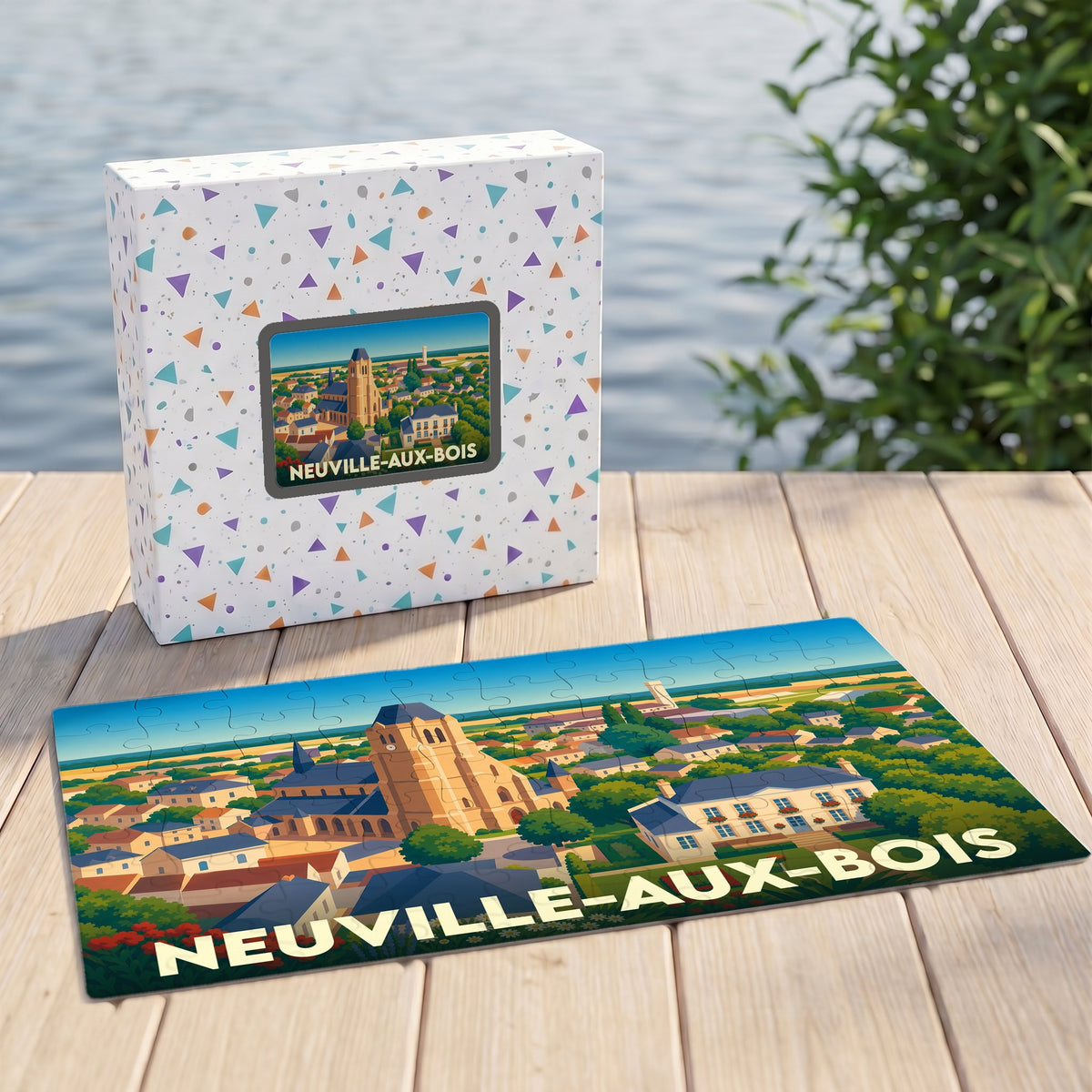 Puzzle souvenir de la ville de Neuville-aux-Bois avec une illustration stylisée.