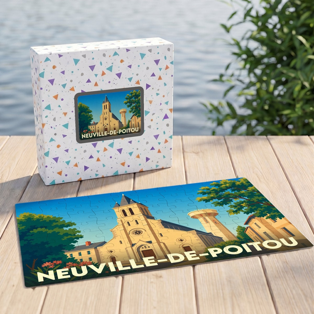 Puzzle souvenir de la ville de Neuville-de-Poitou avec son emballage, illustrant l'église et le château d'eau dans un style rétro.